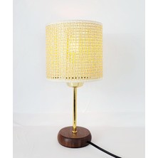 Bambu Taban Modern Gold Metal Ayaklı Hazeran ve Hasır Kumaş Silindir Şapka Mini Abajur Masa Lambası (Krem Rattan)