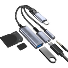 CoverZone Type-C 5 In 1 USB 3.0 Hub Sd Tf Kart Okuyucu 3.5 mm Ses Çıkışı Type-C Dişi Port Kısa Kablolu Otg Adaptör Çoklu Port
