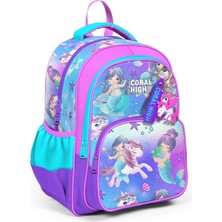 Çocuk Mor Pembe Unicorn Deniz Kızı Desenli Üç Bölmeli Okul Sırt Çantası
