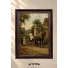 Jeraverse Taş Kapıda At Arabası Tekli Camlı Çerçeveli Vintage Tablo - 15 x 21 Antik Maun