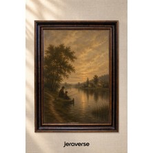 Jeraverse Gün Batımında Balık Tutan Baba ve Oğul Tekli Camlı Çerçeveli Vintage Tablo - 30 x 42 Antik Maun