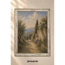 Jeraverse Taş Yolda Köy Yolcuları Tekli Camlı Çerçeveli Vintage Tablo - 15 x 21 Patina Krem