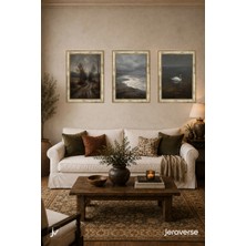 Jeraverse Fırtınalı Kıyılar ve Beyaz Kuğu 3'lü Çerçeveli Vintage Tablo Seti - 15 x 21 Patina Krem