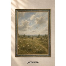 Jeraverse Kır Çiçekleri Arasında Yol Dikey Tekli Camlı Çerçeveli Vintage Tablo - 15 x 21 Zeytin Patina