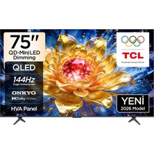 Tcl 75 Inç Akıllı Tv 75T8D 4K Qd-Mini LED Dimming Renkli Quantum Crystal HDR10+ Oyun Google Tv, 144Hz Doğal Yenileme Hızı, Onkyo 2.1 Hi-Fi Ses Sistemi