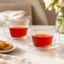 2'li Tabaklı Cam Çay Fincanı Seti, Kulplu Çizgili Şeffaf Cam Bardak, Çay Kahve ve Sıcak Soğuk Içecekler Için Modern Sunum Seti