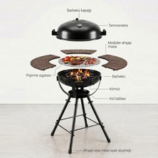 BAZZ360 360° Masalı Kapaklı Kömürlü Barbekü Mangal – 55 cm Izgara, Termometreli, 92 cm Yükseklik, 120 cm Masa