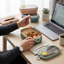Paslanmaz Çelik Yemek Kabı 750 Ml, Çatal Kaşık Dahil, Kilitli Kapaklı Lunch Box, Yemek Taşıma ve Saklama Kabı, 21X12X7,50 Cm, Yeşil/pembe/mavi