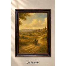 Jeraverse Altın Tarlada Atlı Yolcu Tekli Camlı Çerçeveli Vintage Tablo - 15 x 21 Antik Maun
