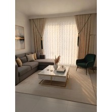 Ahu 1-0037 Tam Desenli 1/3 Pileli Tül Perde, Ekru, 450 x 260