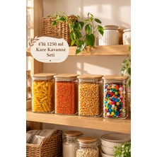 Porsima 6-4 Bambu Vakumlu Kapaklı Kare Borosilikat Cam 4lü Kavanoz Seti Saklama Kabı 1250ML 9,5X15CM