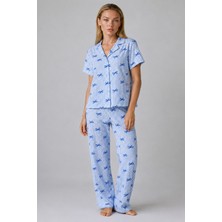 Küçük Hazine Mavi Kurdele Desenli Çizgili Bürümcük Pijama Takımı 4645-MAVI