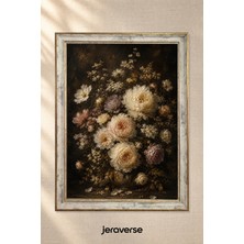 Jeraverse Karanlıkta Pastel Çiçek Buketi Tekli Camlı Çerçeveli Vintage Tablo - 15 x 21 Patina Krem