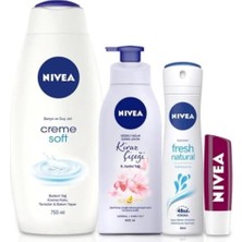 Pratik Ev Banyo Seti, Cream Soft Duş Jeli 750 Ml, Fresh Natural Kadın Deodorant 150 Ml, Vücut Losyonu 400 Ml, Böğürtlen Dudak Bakım Kremi ve Banyo Terliği Hediye