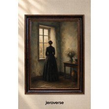 Jeraverse Pencere Önünde Siyah Elbiseli Kadın Tekli Camlı Çerçeveli Vintage Tablo - 15 x 21 Antik Maun