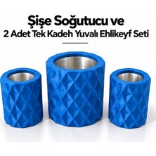 Mottopi Mavi Elmas Desenli Şişe Soğutucu ve 2 Adet Tek Kadeh Yuvalı Ehlikeyf Seti,metal Iç Hazneli,termojelli Soğutucu-Mavi