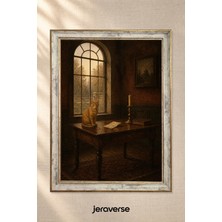 Jeraverse Eski Pencerede Kedi ve Mektuplar Tekli Camlı Çerçeveli Vintage Tablo - 15 x 21 Patina Krem