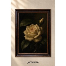 Jeraverse Karanlıkta Beyaz Gül Tekli Camlı Çerçeveli Vintage Tablo - 15 x 21 Antik Maun