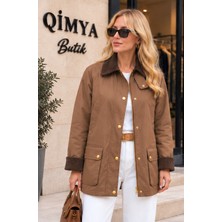 Qimya Butik Concept Kadın Yaka & Manşeti Kadife Yağlı Kumaş Premium Basic Ara Boy Mont-Ceket