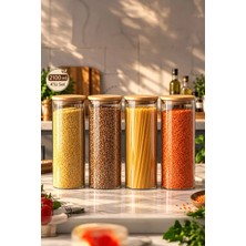 Porsima 4-4 Bambu Vakumlu Kapaklı Yuvarlak Cam 4lü Kavanoz Seti Saklama Kabı 2100ML 10X30CM