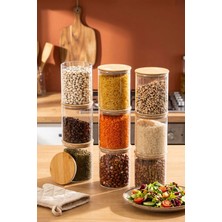 Porsima 1-3 Bambu Vakumlu Kapaklı Yuvarlak Borosilikat Cam 9lu Kavanoz Seti Saklama Kabı 750ML 10X12CM