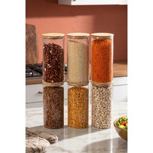 Porsima 2-3 Bambu Vakumlu Kapaklı Yuvarlak Borosilikat Cam 6lı Kavanoz Seti Saklama Kabı 1300ML 10X20CM