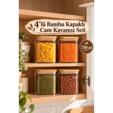 Porsima 5-4 Bambu Vakumlu Kapaklı Kare Borosilikat Cam 4lü Kavanoz Seti Saklama Kabı 750ML 7,5X15CM