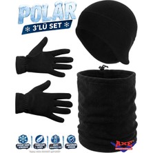 Axe Sportswear Erkek Siyah Kışlık Termal Polar Eldiven & Kulaklıklı Polar Bere & Ipli Polar Boyunluk 3lü Set