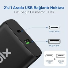 BX2P65G Gan Pd 65W Type-C ve Usb-A Qc 18W Çift Portlu Akım Korumalı Hızlı Şarj Cihazı Siyah