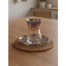 Odea Tr Topkapı 6 Kişilik Çay Seti, French Press Hediyeli, 9 Farklı Osmanlı Desenli Çay Bardağı Takımı (6, Topkapı Kırmızı)