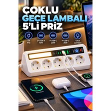 Matechno 5'li Topraklı Çoklu Priz 2500W | 2 USB + 2 Type-C Hızlı Şarj | Dokunmatik 3 Kademeli LED Gece Lambası | 2 Metre Kablo | Duvara ve Masa Altı Asılabilir Grup Priz Uzatma