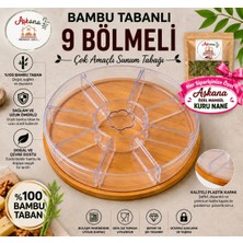 Aşkana %100 Bambu Tabanlı 9 Bölmeli Çerezlik, Atıştırmalık Sunum Tabağı- Şeffaf Plastik Bölmeli ve Plastik Kapaklı