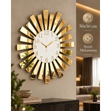 AA Shop Yuvarlak Ahşap Duvar Saati Beyaz Gold Aynalı Pleksi Piyano Tasarım Sessiz Mekanizmalı Dekoratif