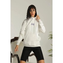 Walkies Kadın Oversize Kapüşonlu Cepli Baskılı 3 Iplik Pamuklu Hoodie Sweatshirt - Beyaz