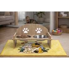 Pratik Ev Oval Çift Hazneli Metal Kedi-Köpek Mama ve Su Kabı, Ahşap Stand ve Paspaslı