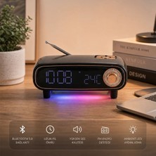 Buffer® retro Bluetooth Hoparlör, Fm Radyo, LED Işıklı Dijital Masa Saati ve Termometre, Çok Fonksiyonlu Kablosuz Masa Üstü Müzik Çalar