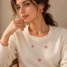 Eos Kolektif Pembe Jade Doğal Taşlı Kolye Küpe Yüzük Üçlü Takı Seti