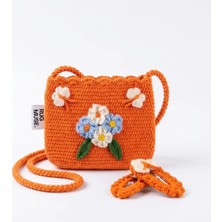 Rug Muse El Örgüsü Kız Çocuk Omuz Çantası ve Toka Seti - Autumn Joy & Autumn Bows - Mavi Çiçekli - Turuncu
