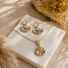 Eos Kolektif Zirkon Taşlı Gold Kolye ve Klipsli Küpe Ikili Takı Seti