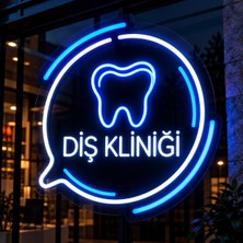 Diş Kliniği Neon LED Tabela 60X30 cm – Diş Figürlü Işıklı Pleksi Tabela – Mavi Beyaz