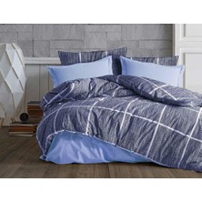 Store Lüks%80 Pamuklu Çift Kişilik Nevresim Takımı Seti Yorgan Kılıfı Mavi Lacivert Kare Beyaz Çizgi Desen 200X220 cm + Lastikli Battal Boy Çarşaf 180X200X30 cm +2 Yastık Kılıflı 50X70 cm