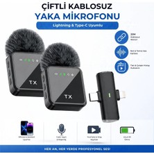 Buffer® 2'li Kablosuz Yaka Mikrofonu, Lightning ve Type-C Uyumlu Gürültü Azaltmalı Telefon Mikrofon Seti