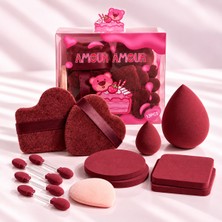 Amour Amour 13 Parça Kalp Kadife Puf & Makyaj Süngeri Seti - Far Aplikatörlü Kutu