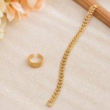 Eos Kolektif Zirkon Taşlı Çiçek Motifli Gold Bileklik ve Yüzük Ikili Takı Seti