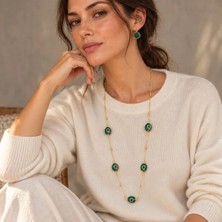 Eos Kolektif Yeşil Jade Doğal Taşlı Kolye ve Küpe Ikili Takı Seti