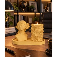  Helen Çiçekli Mumluk 3lü Set Oval Tepsili Minimal Dekor