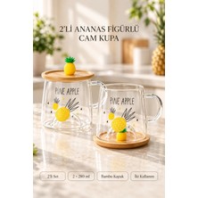 Tilbe Home 2li Bambu Kapaklı Ananas Meyve Figürlü Cam Bardak Baskılı Meşrubat Kupası Çay Bardağı 280 Ml.