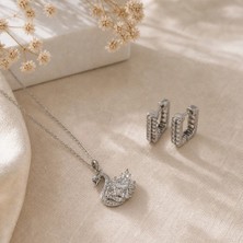Eos Kolektif Zirkon Taşlı Gümüş Renk Çelik Kolye ve Küpe Ikili Takı Seti