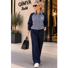 Qimya Butik Keyymod Kadın Broşlu Önü Çizgili Poplinli Sırtı ve Pantolonu Örme Alt Üsr Premium Ikili Takım