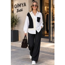 Qimya Butik Bebe Plus Kadın Triko Cepli ve Detaylı Arkası Uzun Pamuk Gömlek